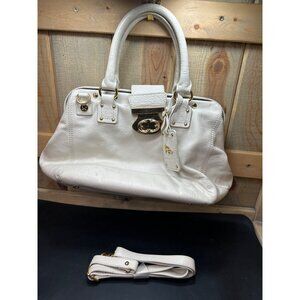 Emma Fox White Pebbled Leather Satchel Bag With Floral Lining Gold Hardware & Re